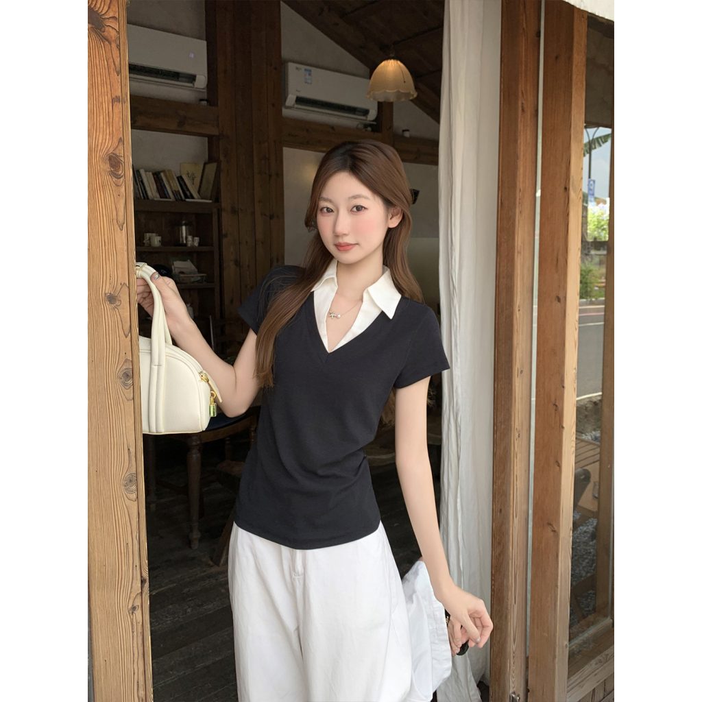 Women's Black and White Color Block Faux Two Piece Short Sleeve T-Shirt Summer Slim Fit V Neck Polo Top