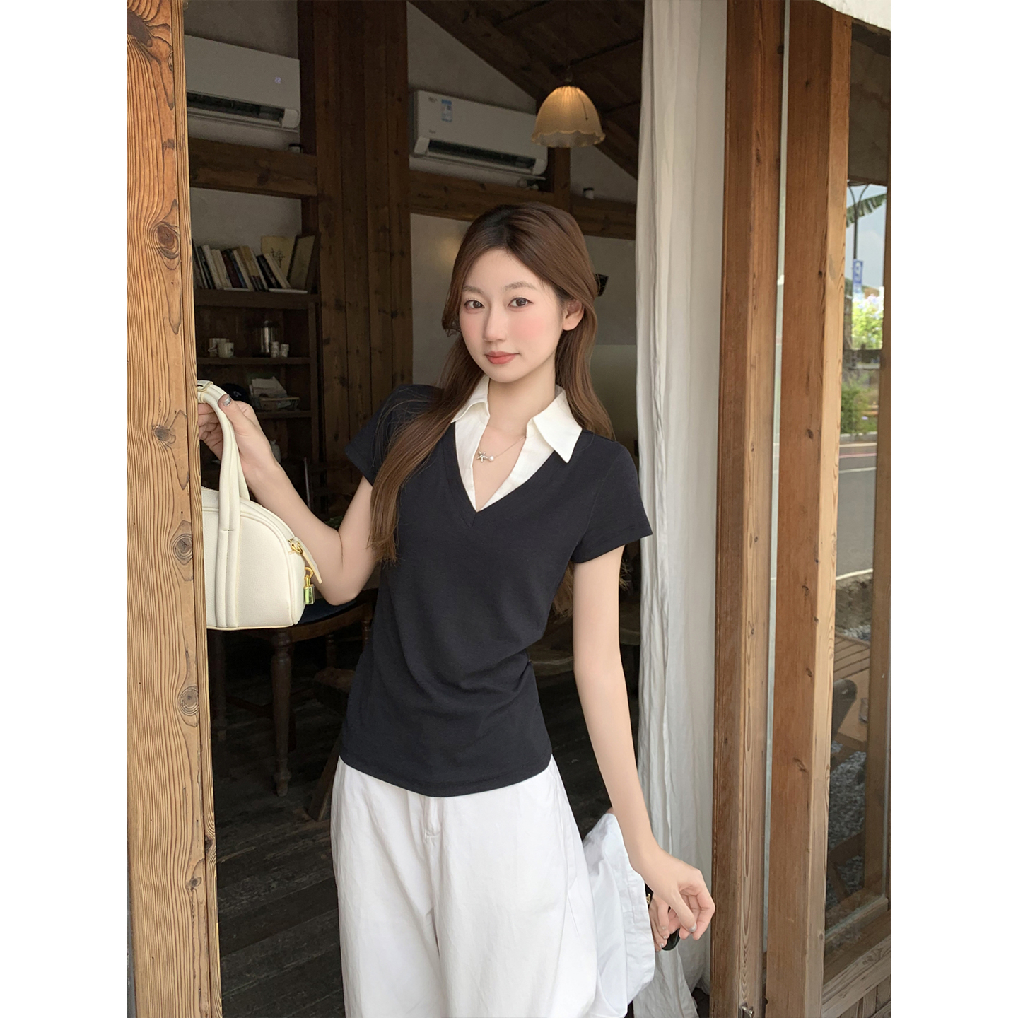 Women's Black and White Color Block Faux Two Piece Short Sleeve T-Shirt Summer Slim Fit V Neck Polo Top