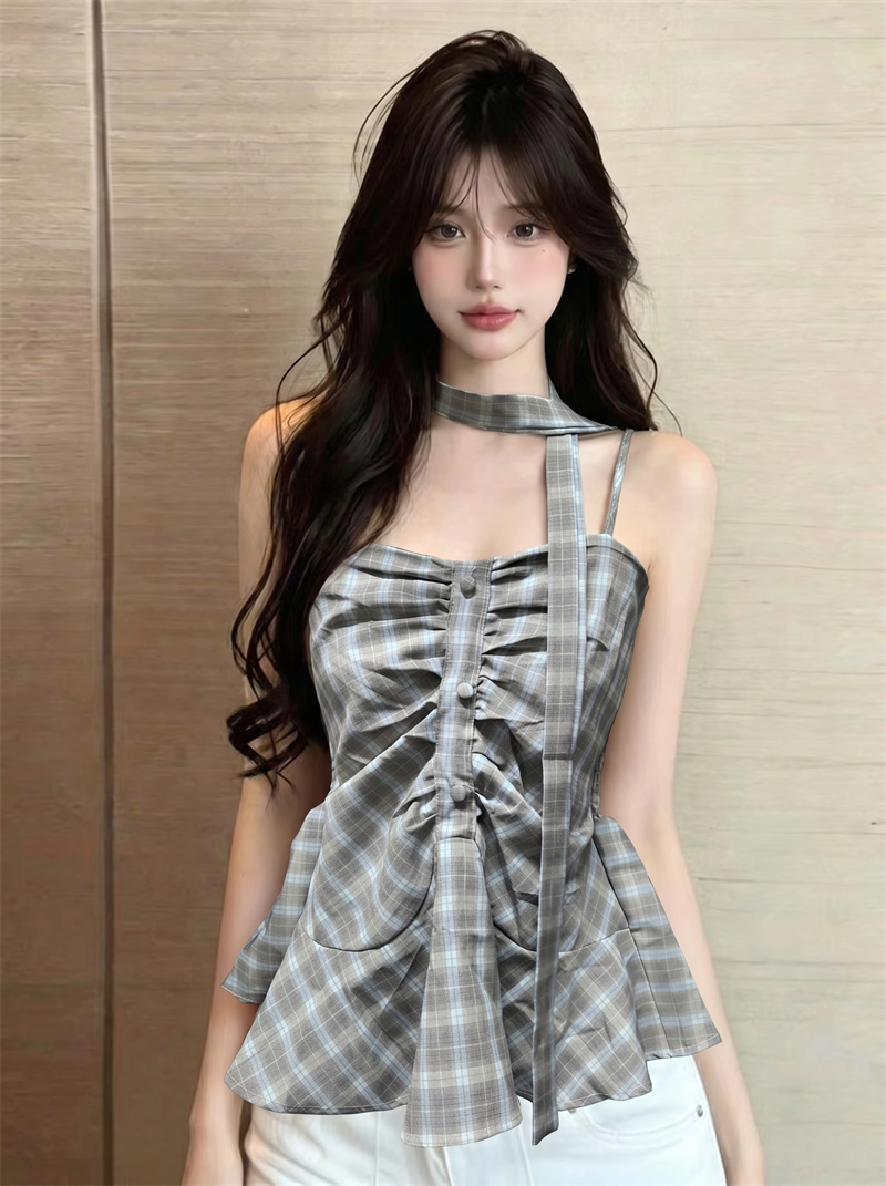 French Retro Red Plaid Camisole Top 2026 Summer Sexy Chic Women's Sleeveless Shirt - Image 3