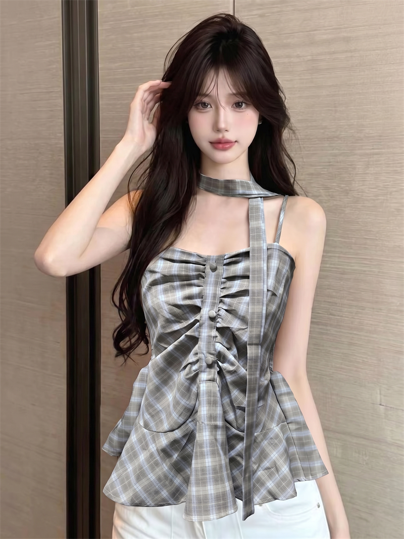 French Retro Red Plaid Camisole Top 2026 Summer Sexy Chic Women's Sleeveless Shirt - Image 4