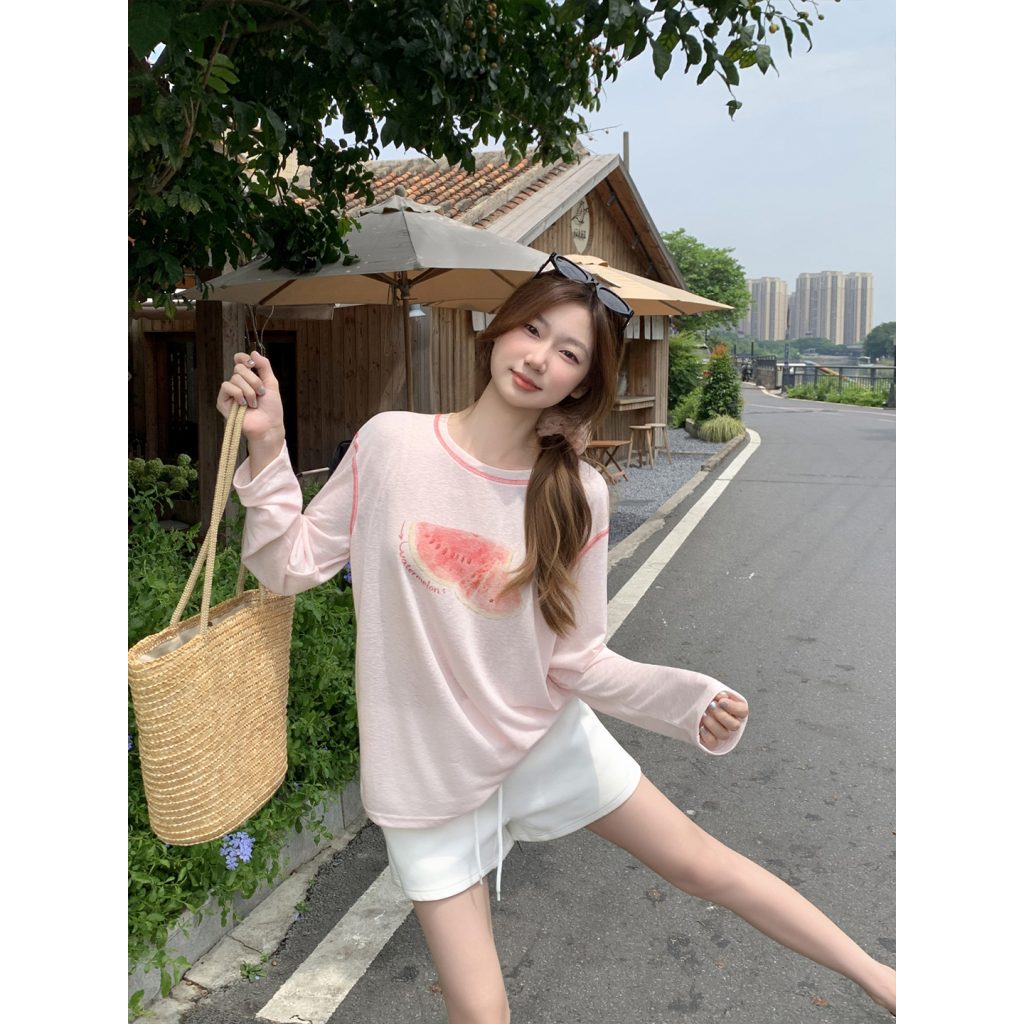 Fruit Print Long Sleeve Sun Protection T-Shirt for Women 2026 Summer New Sheer Loose Slimming Lazy Cover-Up Top