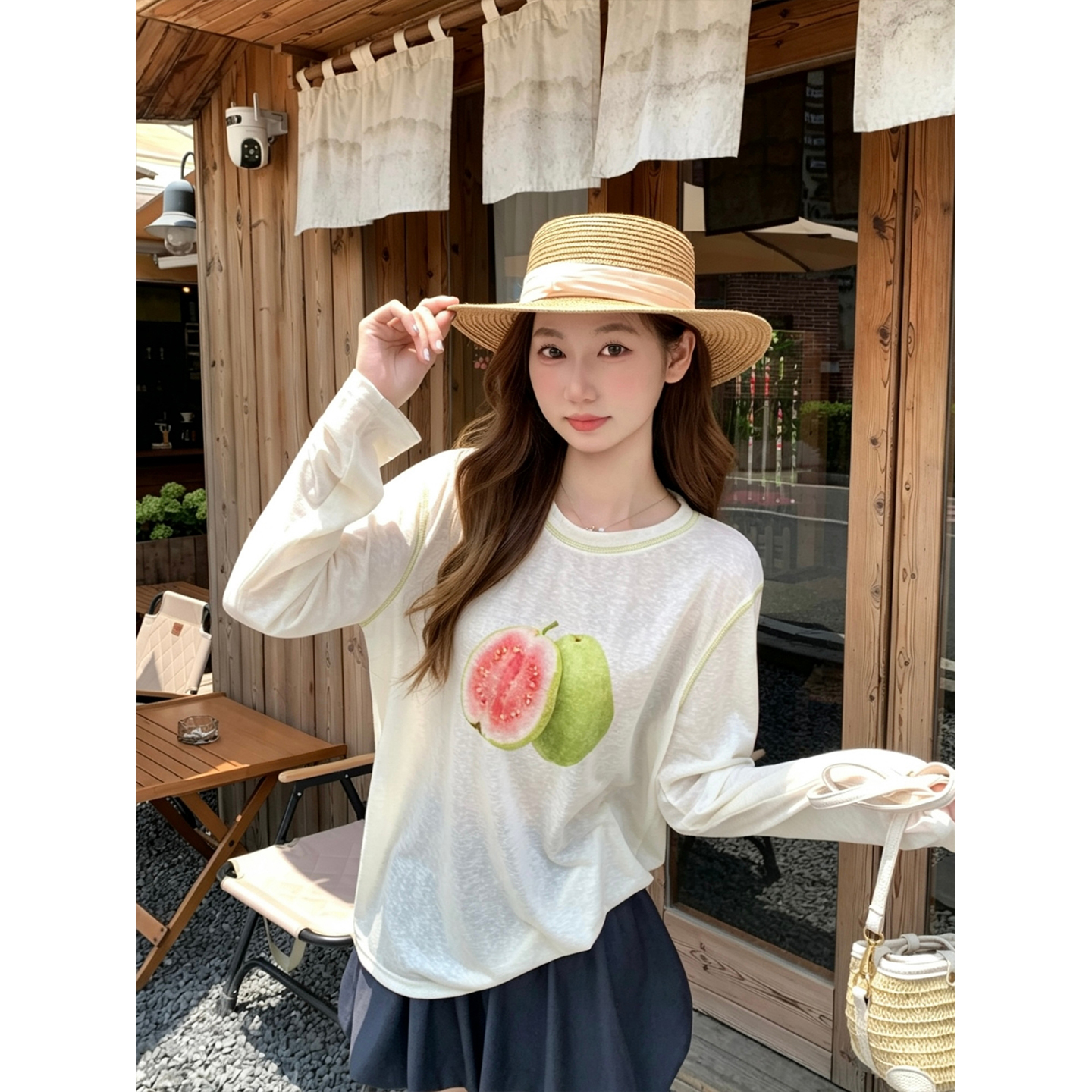 Korean Fruit Print Color Block Sun Protection Top Women Summer Loose Lightweight Pullover