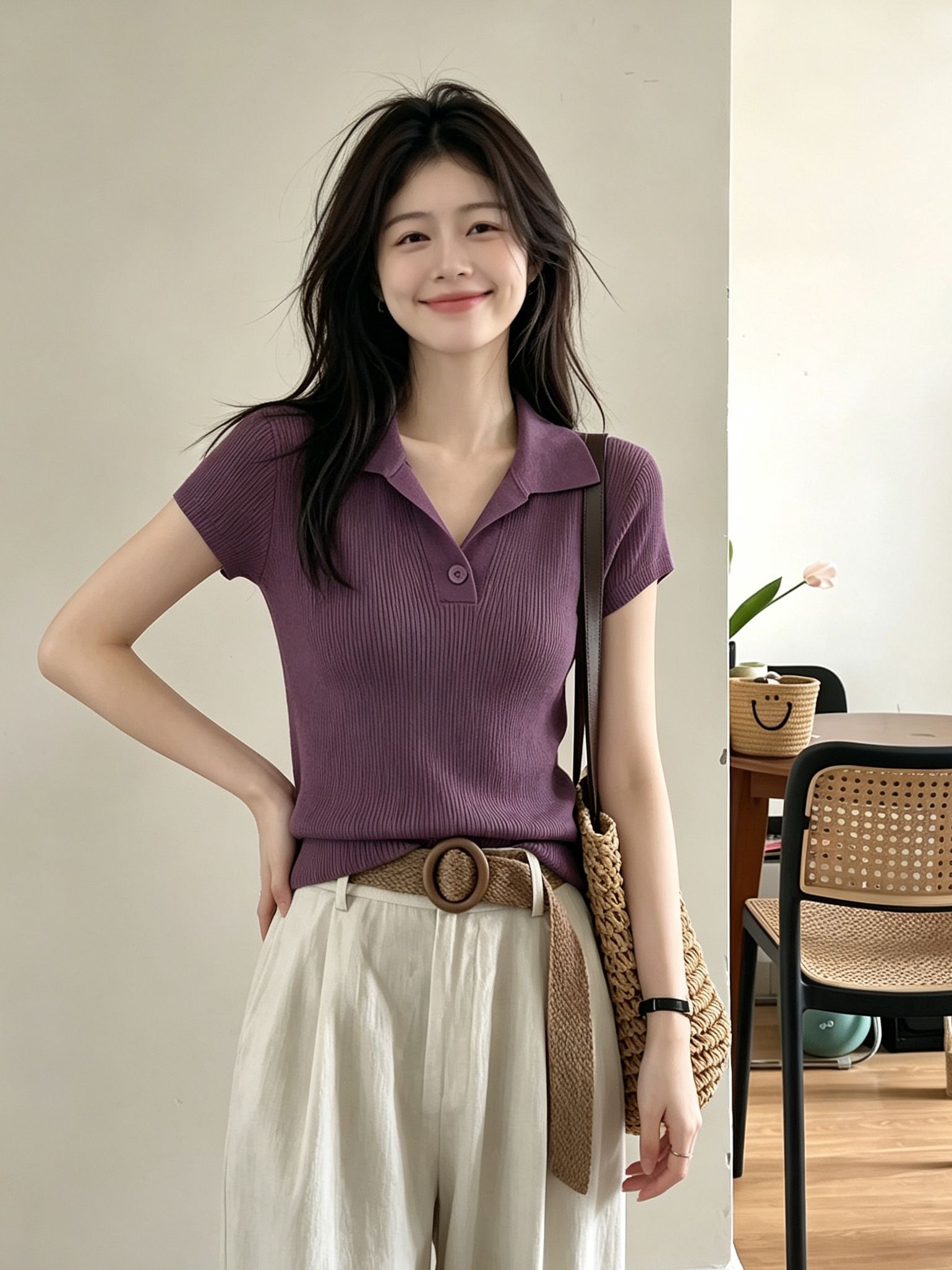 Old Money Style Coffee Color Knit Short Sleeve Polo Shirt for Women Summer Slimming Elegant Top - Image 2