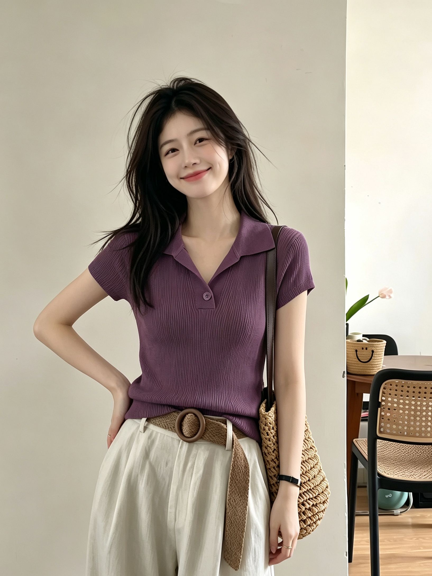 Old Money Style Coffee Color Knit Short Sleeve Polo Shirt for Women Summer Slimming Elegant Top - Image 4