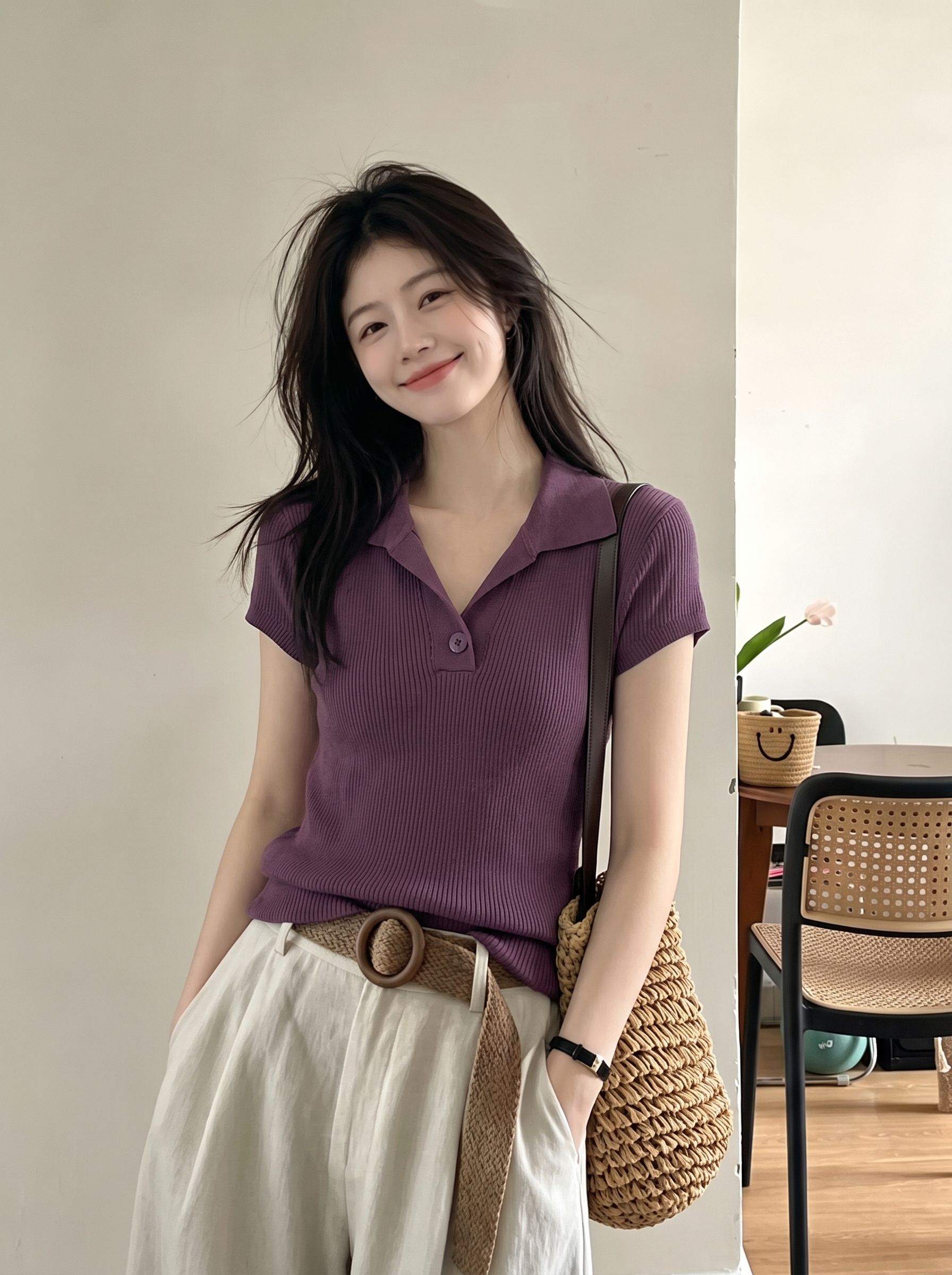 Old Money Style Coffee Color Knit Short Sleeve Polo Shirt for Women Summer Slimming Elegant Top