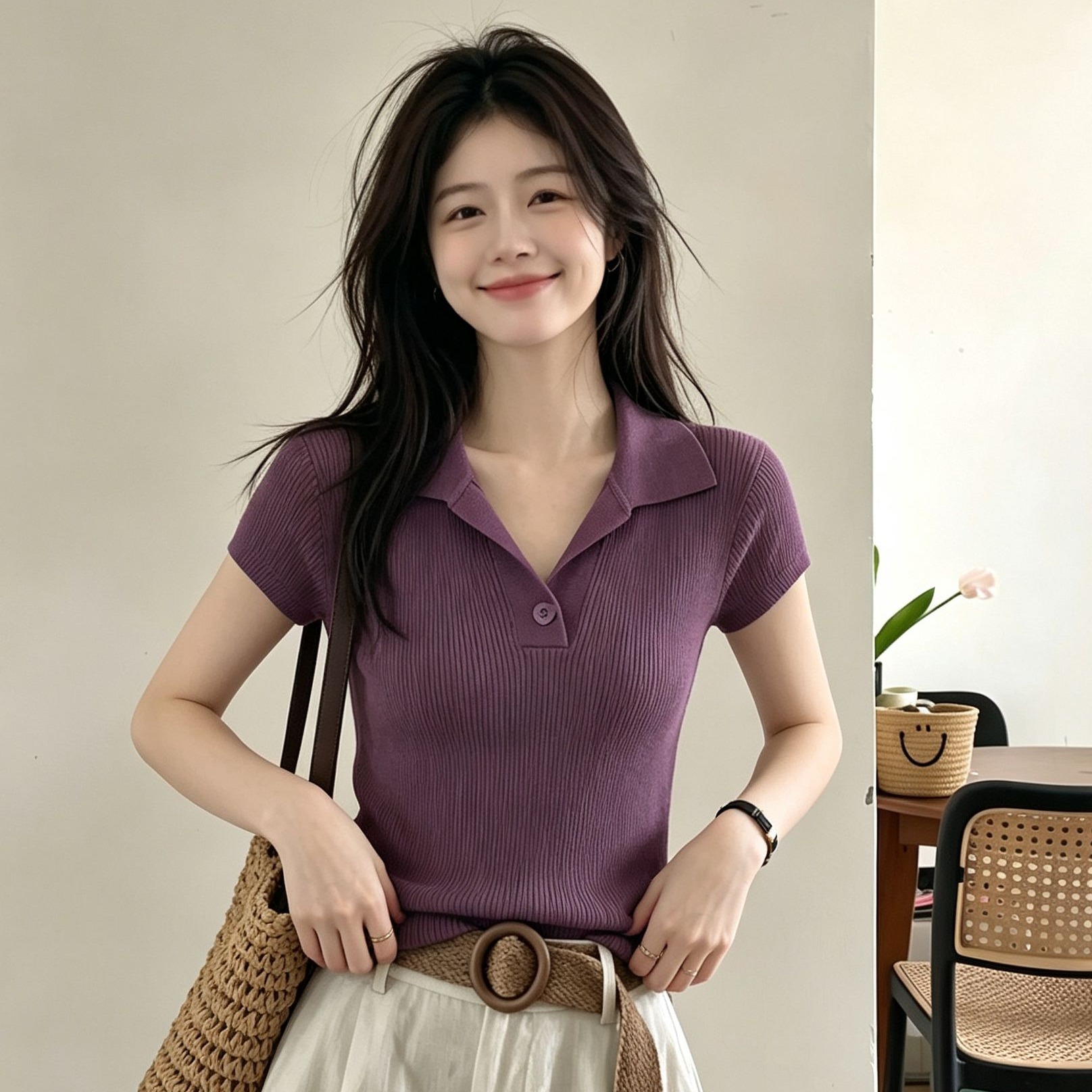 Old Money Style Coffee Color Knit Short Sleeve Polo Shirt for Women Summer Slimming Elegant Top - Image 5
