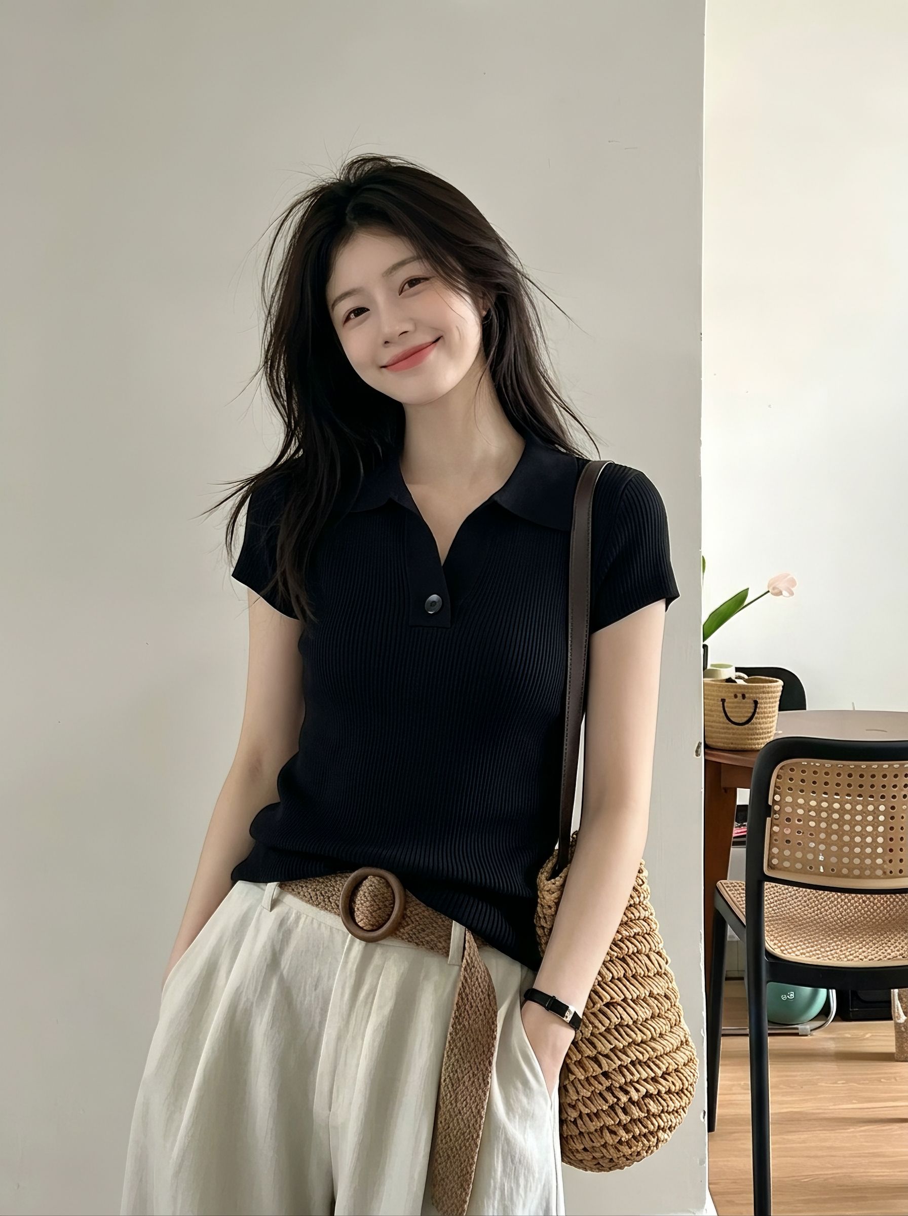 Old Money Coffee-Tone Shoulder-Pad Collared Knit Short-Sleeve T-Shirt for Women Summer Slimming Polo Top