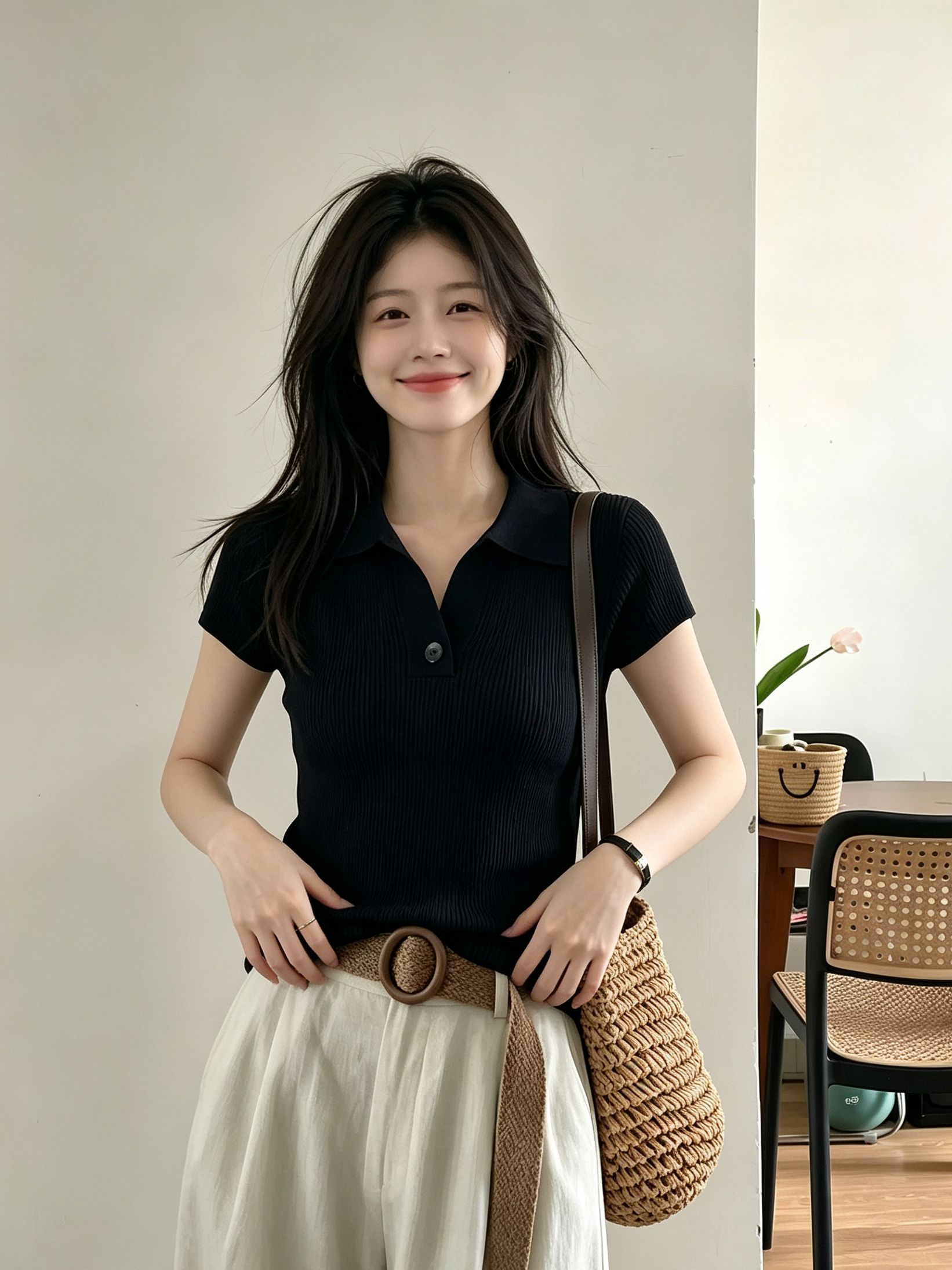 Old Money Coffee-Tone Shoulder-Pad Collared Knit Short-Sleeve T-Shirt for Women Summer Slimming Polo Top - Image 4