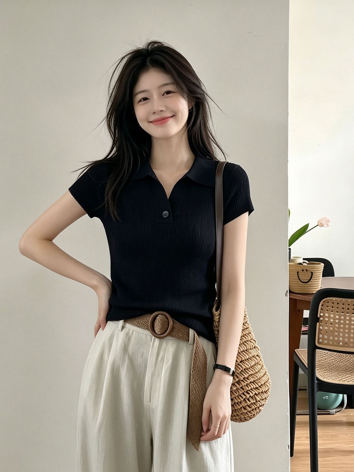 Old Money Coffee-Tone Shoulder-Pad Collared Knit Short-Sleeve T-Shirt for Women Summer Slimming Polo Top - Image 2