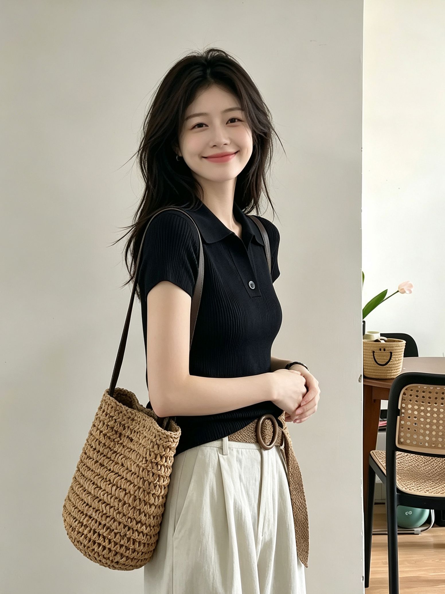 Old Money Coffee-Tone Shoulder-Pad Collared Knit Short-Sleeve T-Shirt for Women Summer Slimming Polo Top - Image 3