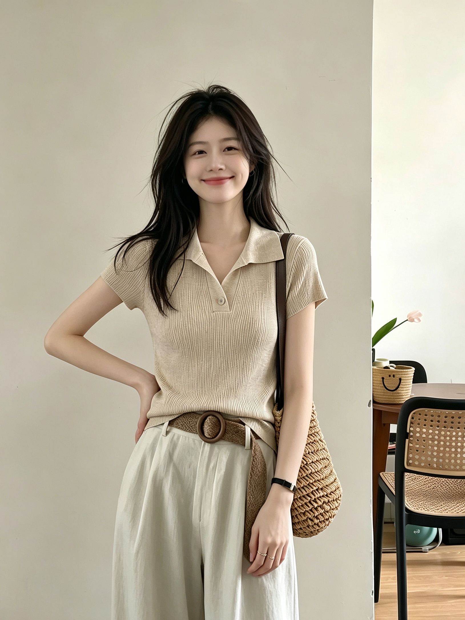 Old Money Style Retro Shoulder Pad Turn-Down Collar Knit T-Shirt Women Summer Commute High IQ Slimming Polo Collar Short Sleeve Top - Image 3