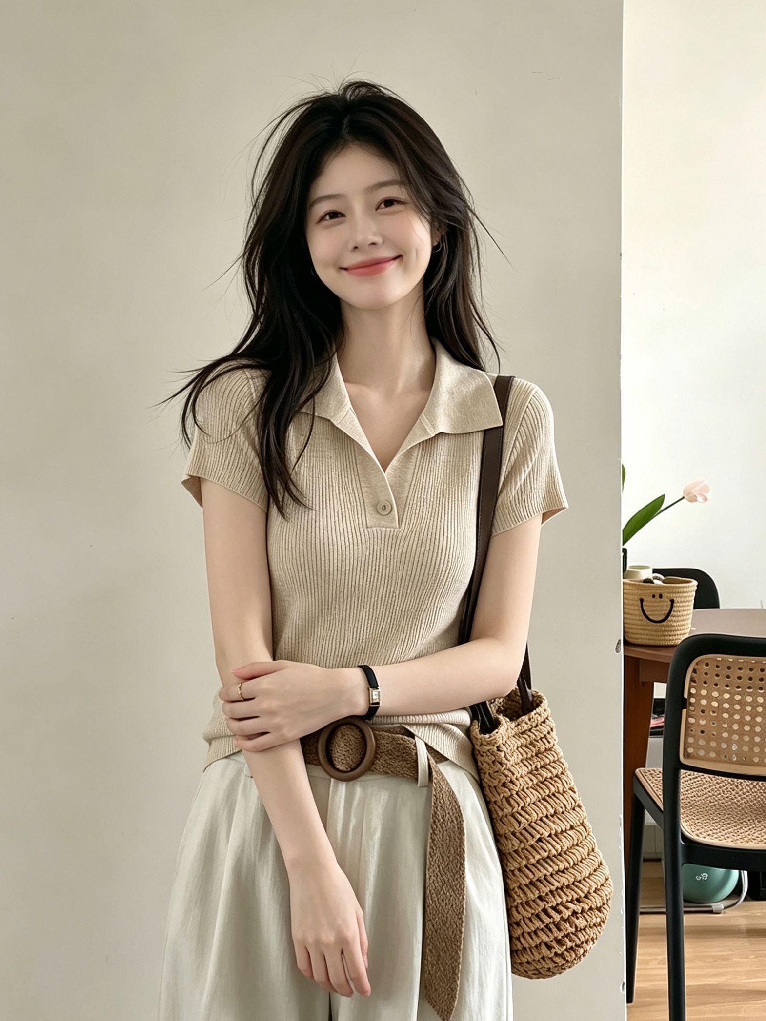 Old Money Style Retro Shoulder Pad Turn-Down Collar Knit T-Shirt Women Summer Commute High IQ Slimming Polo Collar Short Sleeve Top - Image 2
