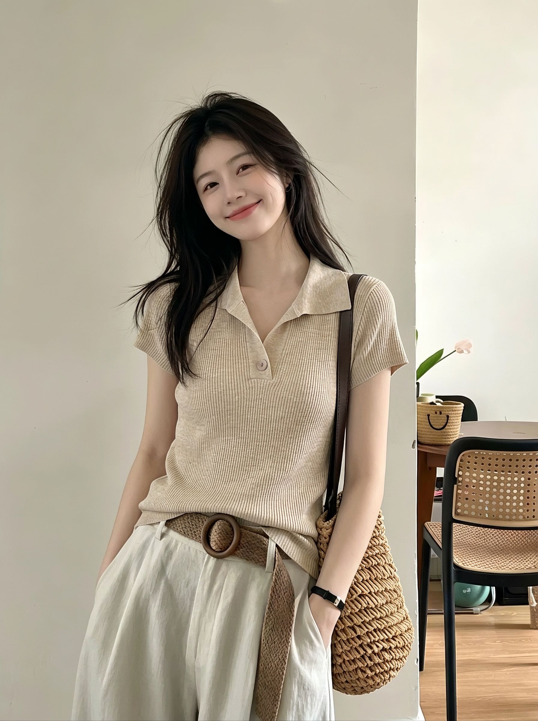 Old Money Style Retro Shoulder Pad Turn-Down Collar Knit T-Shirt Women Summer Commute High IQ Slimming Polo Collar Short Sleeve Top
