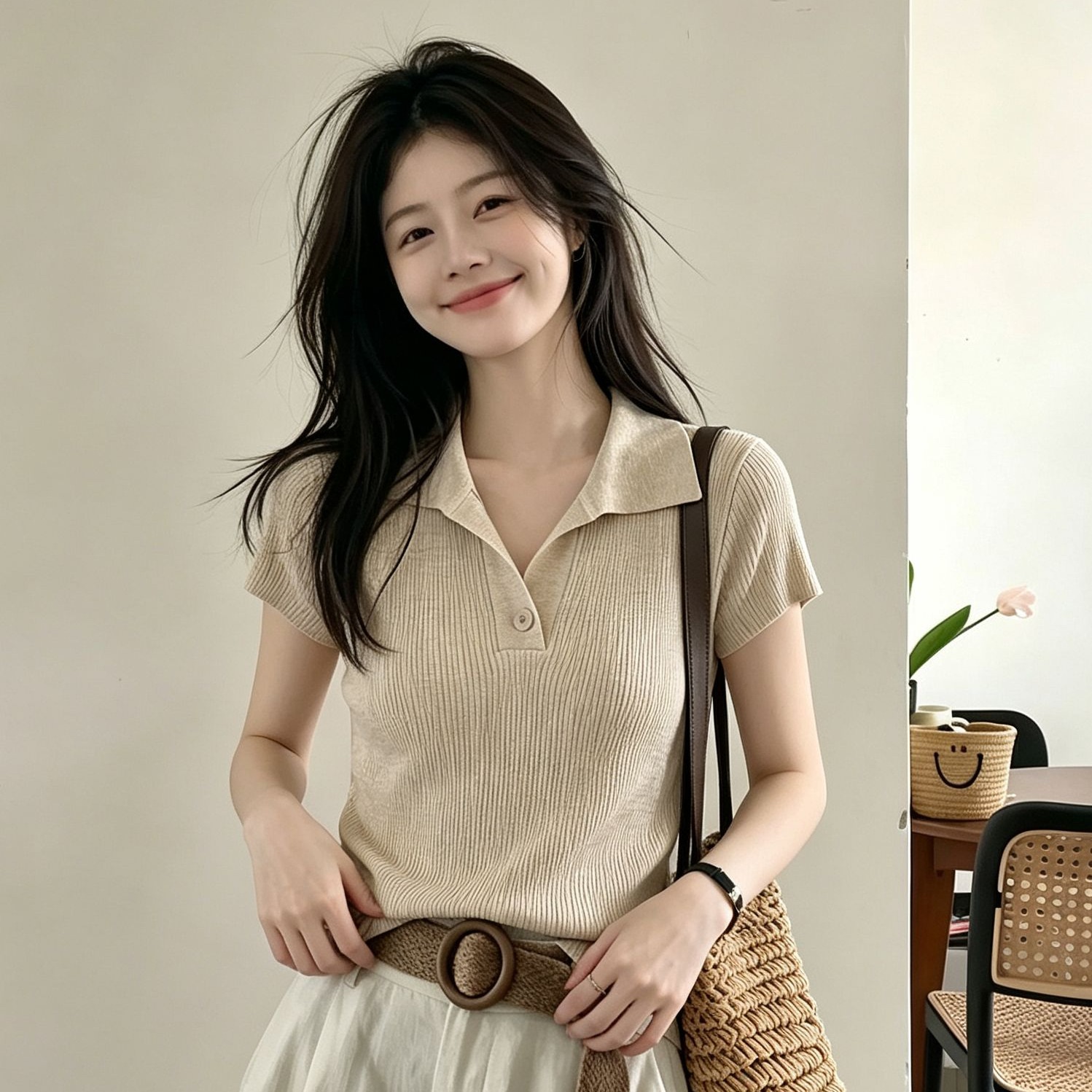 Old Money Style Retro Shoulder Pad Turn-Down Collar Knit T-Shirt Women Summer Commute High IQ Slimming Polo Collar Short Sleeve Top - Image 5