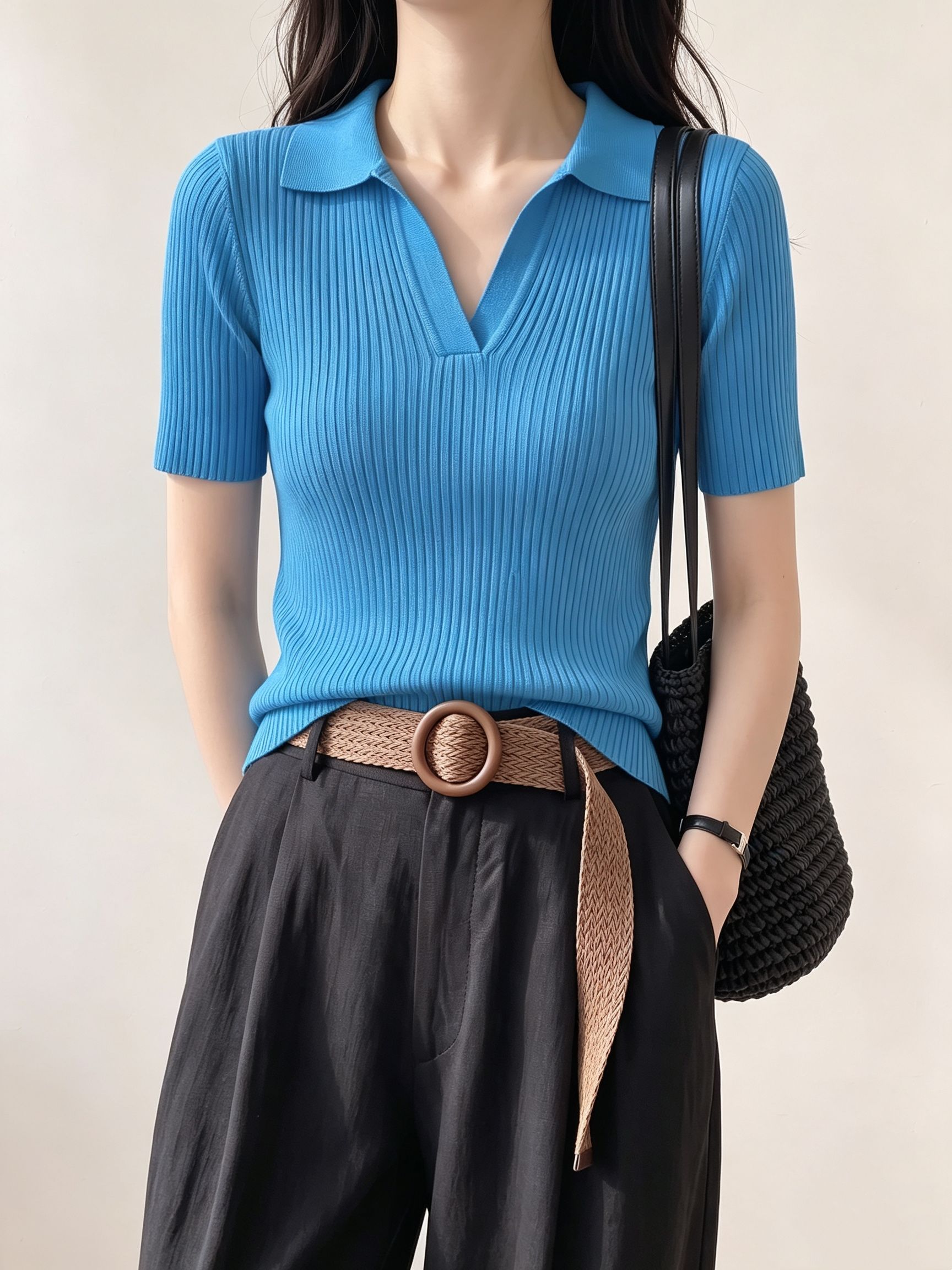 French Polo Collar Short Sleeve Knit T-Shirt for Women Summer New Thin Slim Fit Shoulder-Enhancing Top - Image 4
