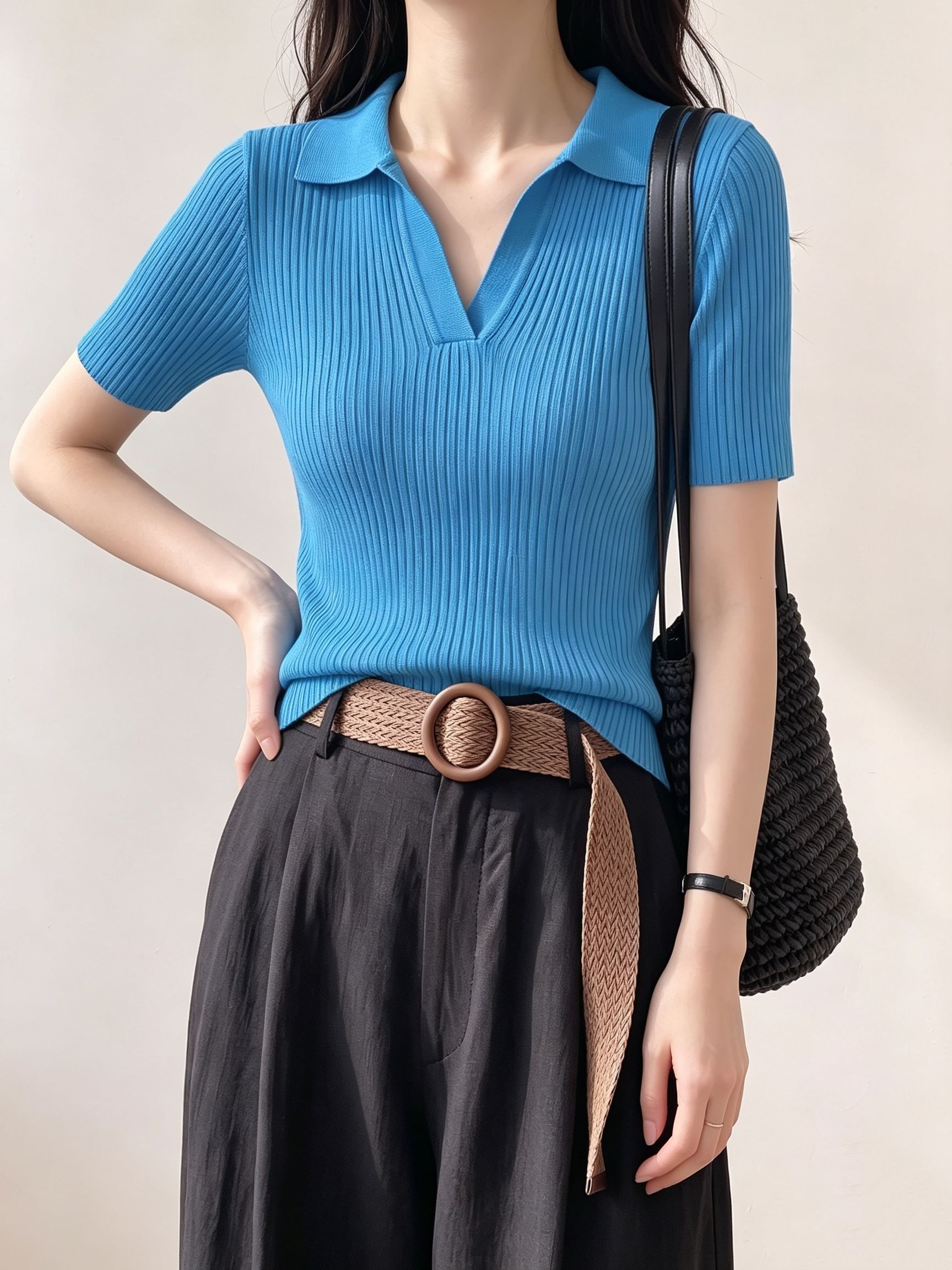 French Polo Collar Short Sleeve Knit T-Shirt for Women Summer New Thin Slim Fit Shoulder-Enhancing Top - Image 3
