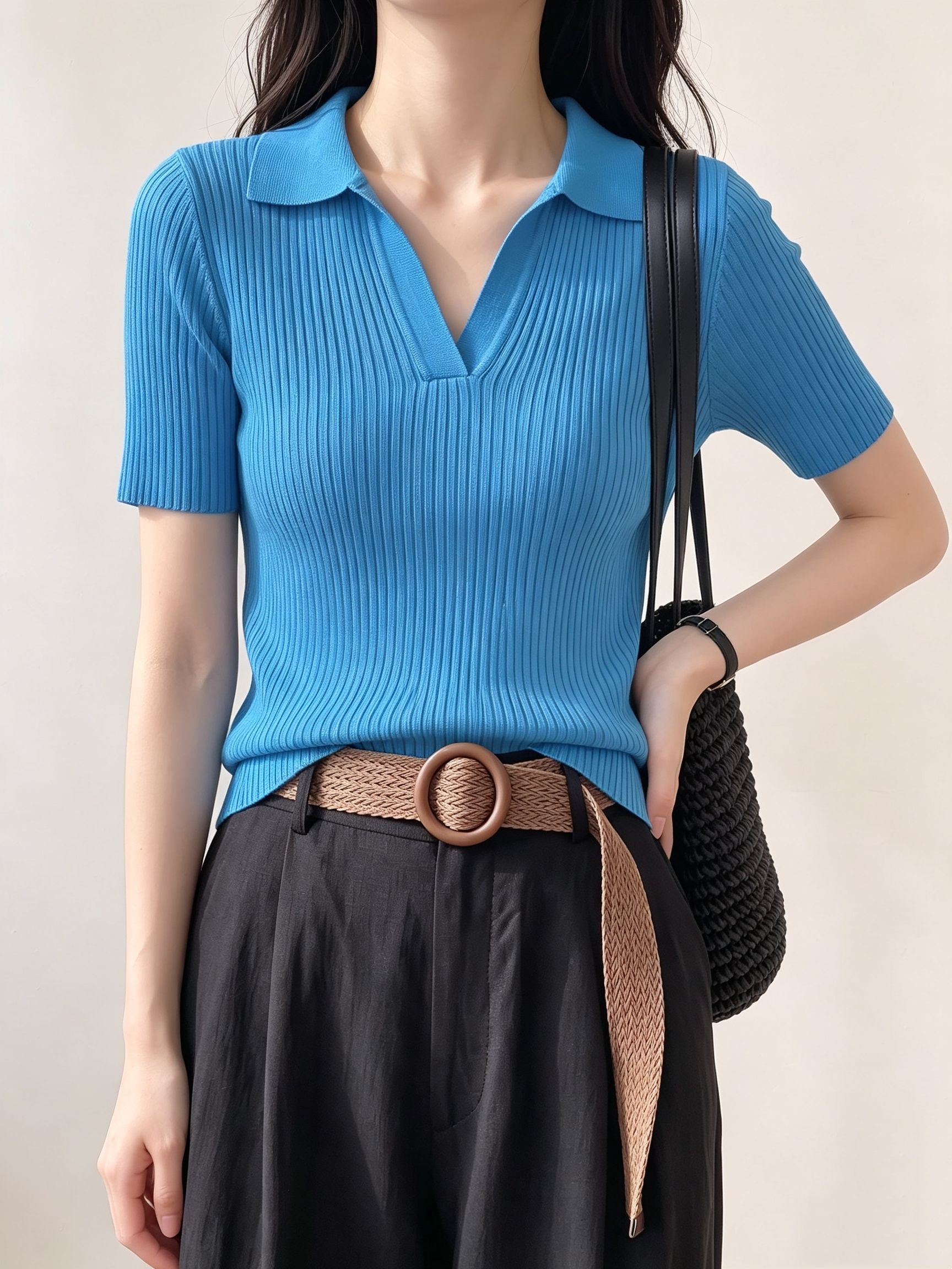 French Polo Collar Short Sleeve Knit T-Shirt for Women Summer New Thin Slim Fit Shoulder-Enhancing Top - Image 2