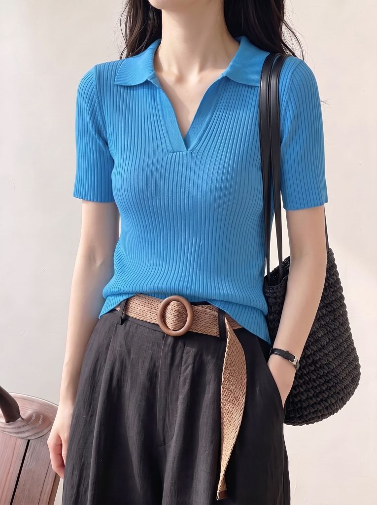 French Polo Collar Short Sleeve Knit T-Shirt for Women Summer New Thin Slim Fit Shoulder-Enhancing Top