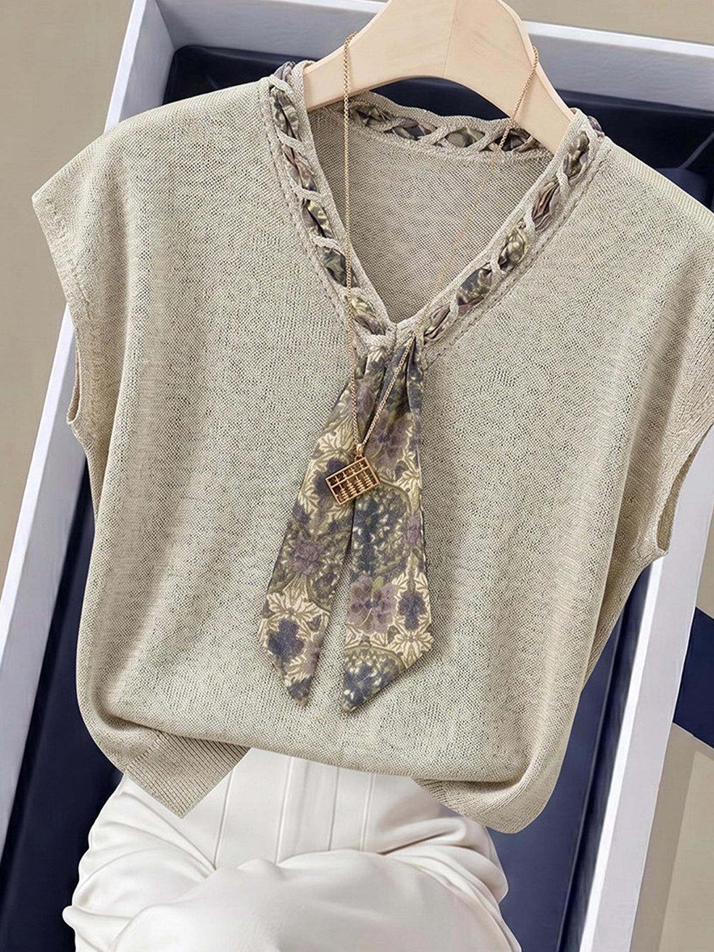 Women's Summer Faux Two-Piece Short Sleeve T-Shirt with Scarf Detail - Image 2