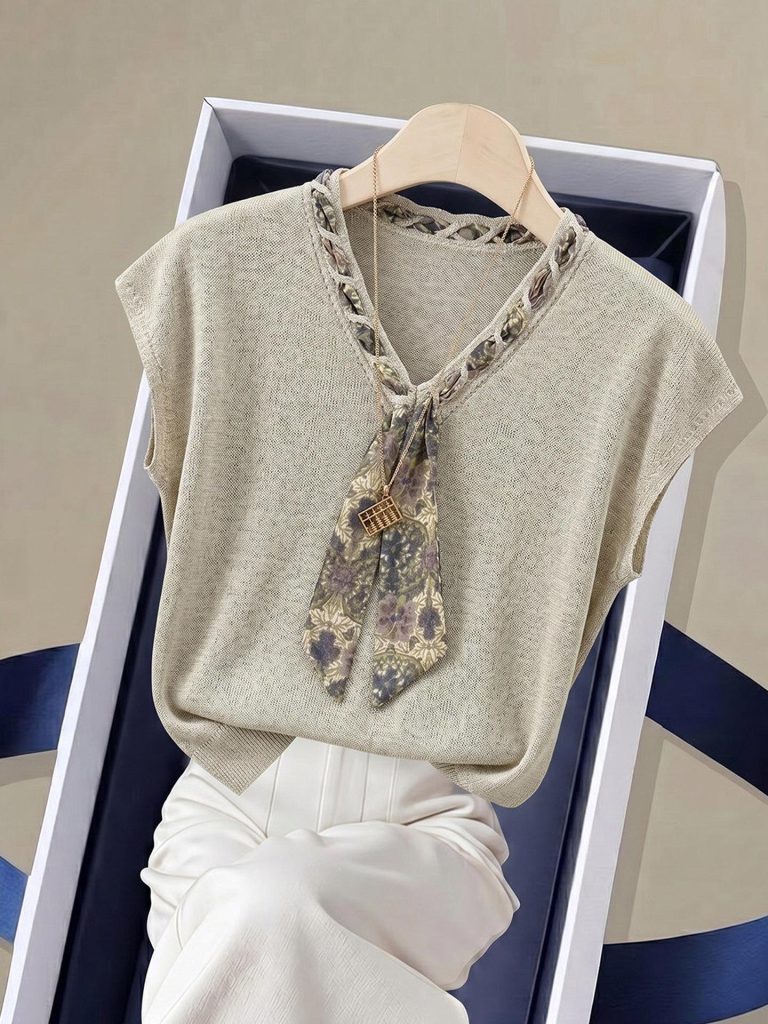 Women's Summer Faux Two-Piece Short Sleeve T-Shirt with Scarf Detail