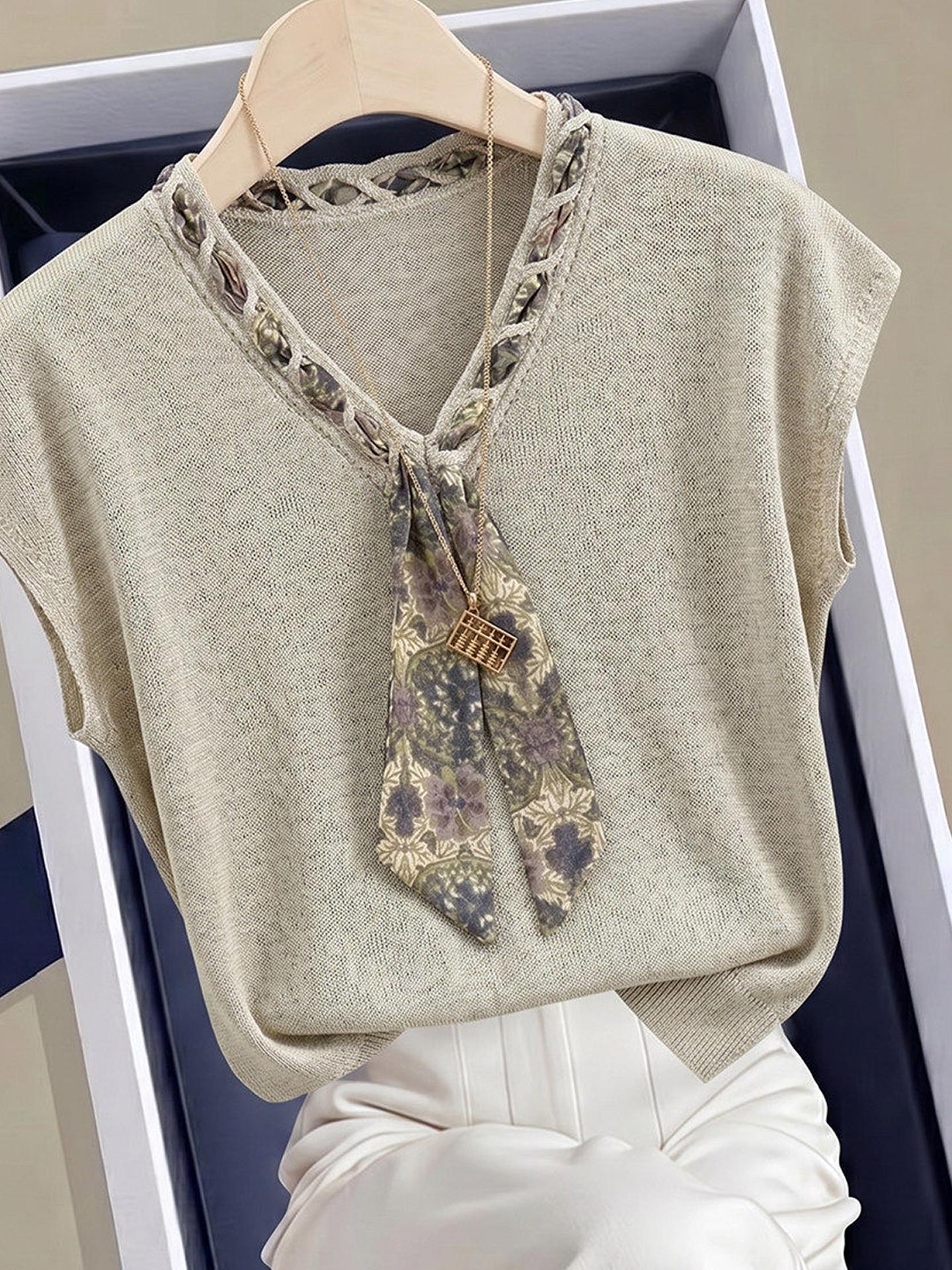 Women's Summer Faux Two-Piece Short Sleeve T-Shirt with Scarf Detail - Image 4