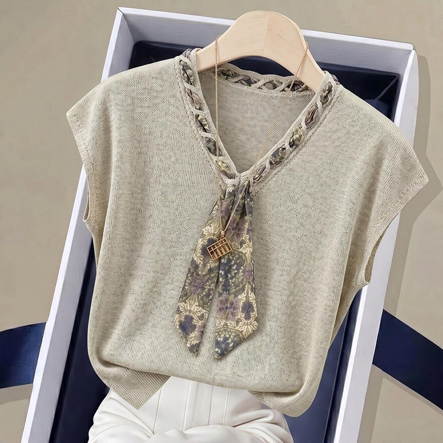 Women's Summer Faux Two-Piece Short Sleeve T-Shirt with Scarf Detail - Image 5