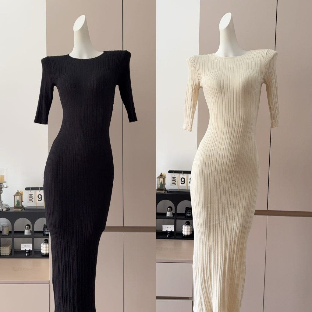 Korean Minimalist Round Neck Mid Sleeve Knit Dress for Women