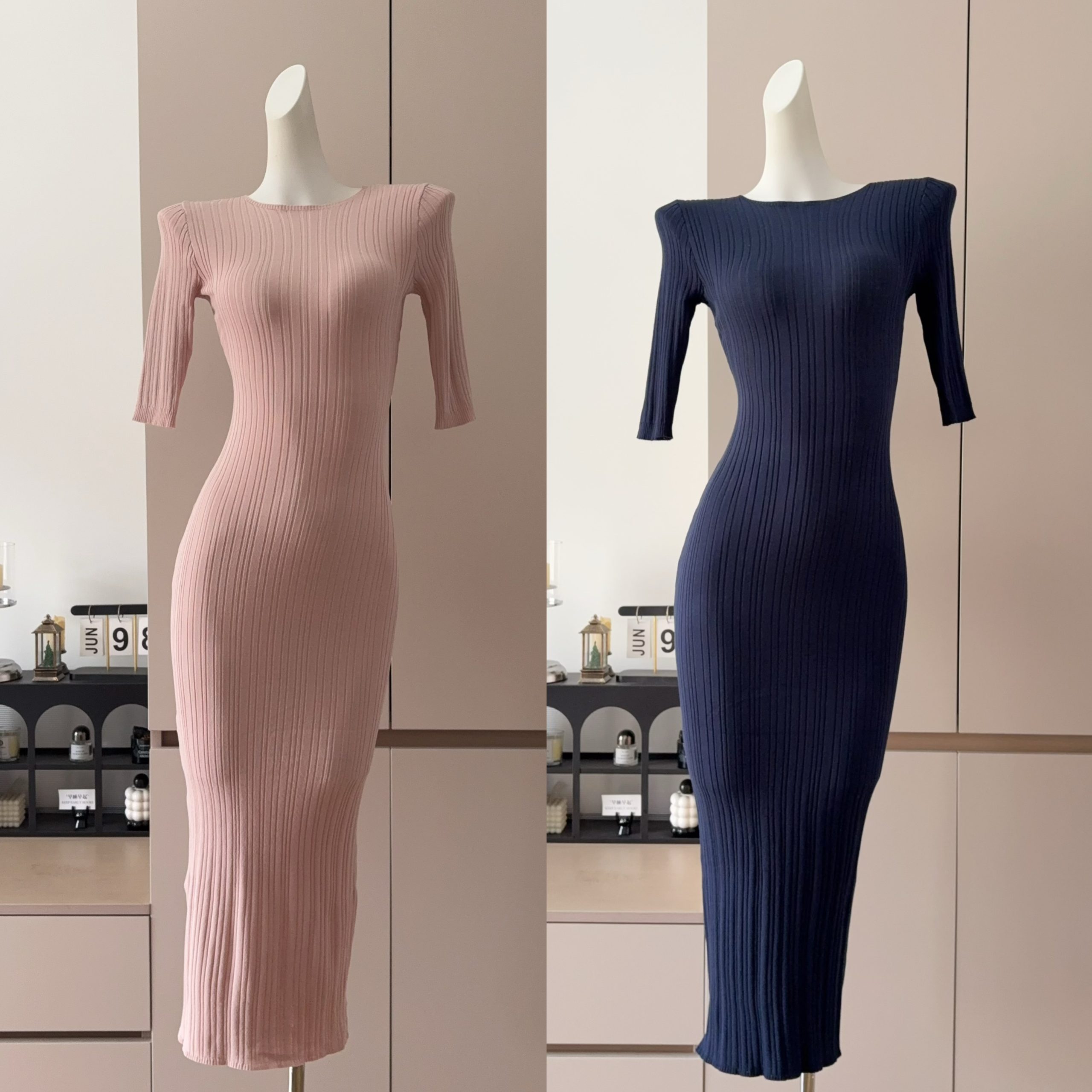 Korean Minimalist Round Neck Mid Sleeve Knit Dress for Women - Image 2