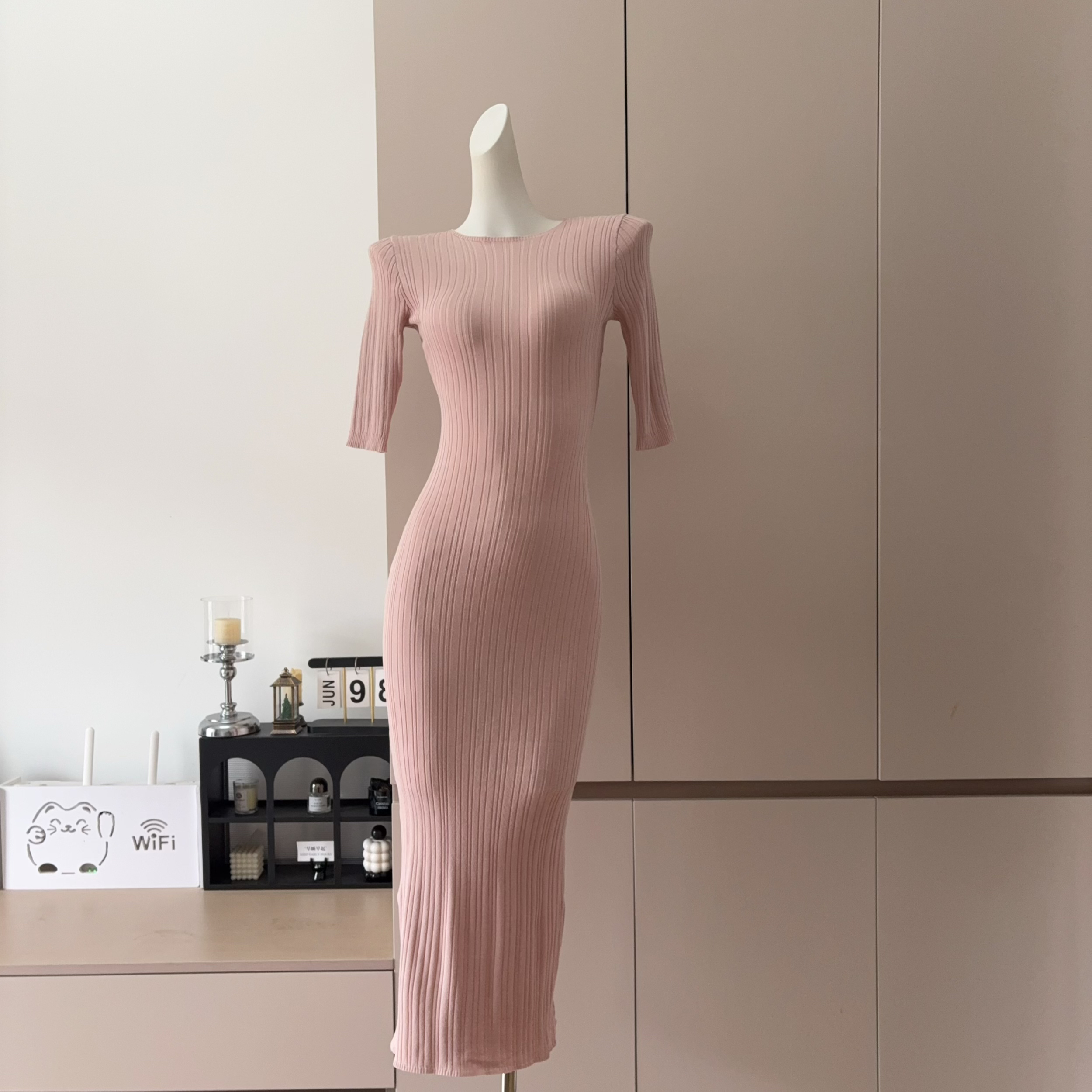 Korean Minimalist Round Neck Mid Sleeve Knit Dress for Women - Image 5