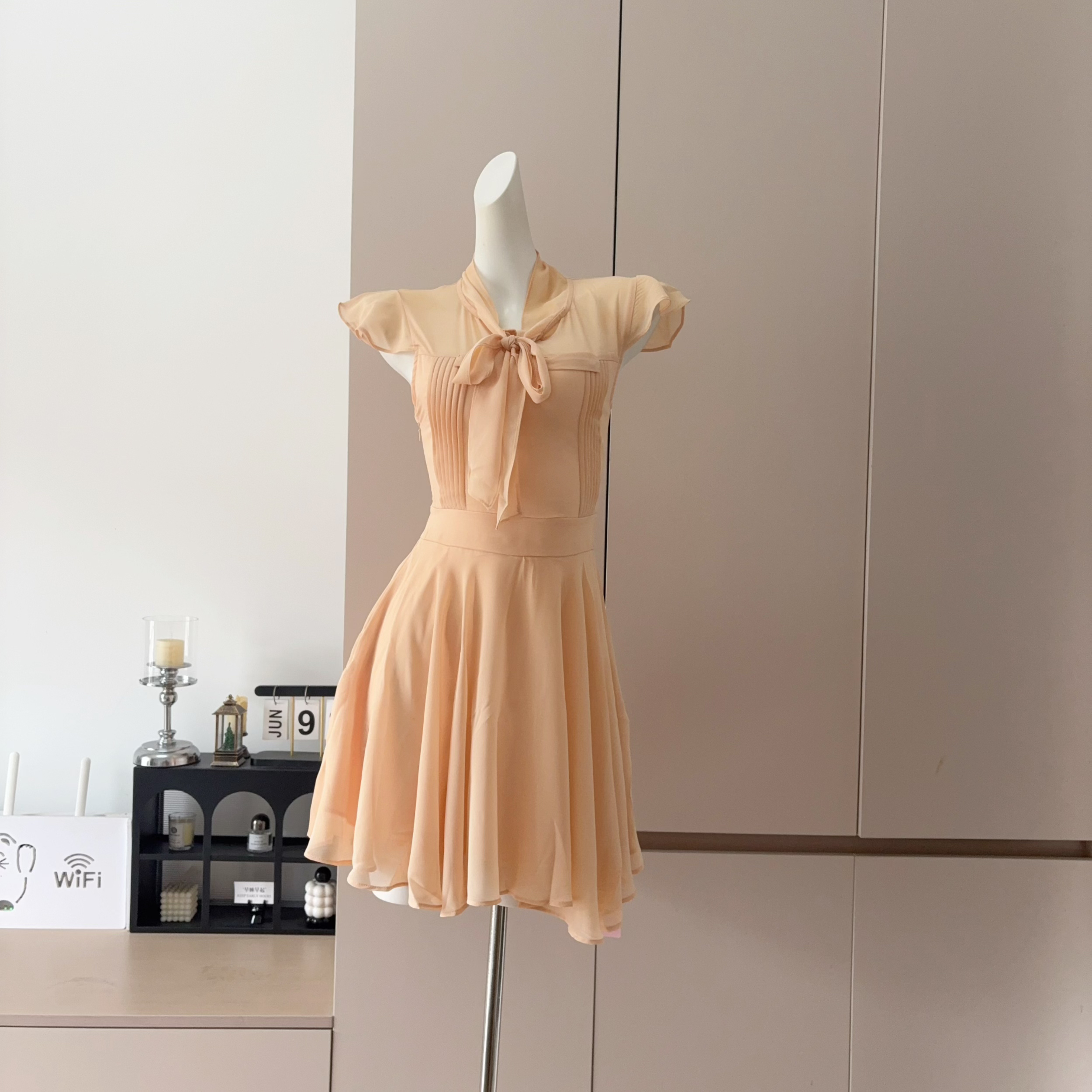 French Apricot Bow Flutter Sleeve Dress Women Summer Waist A-Line Gentle Temperament Slimming Short Dress