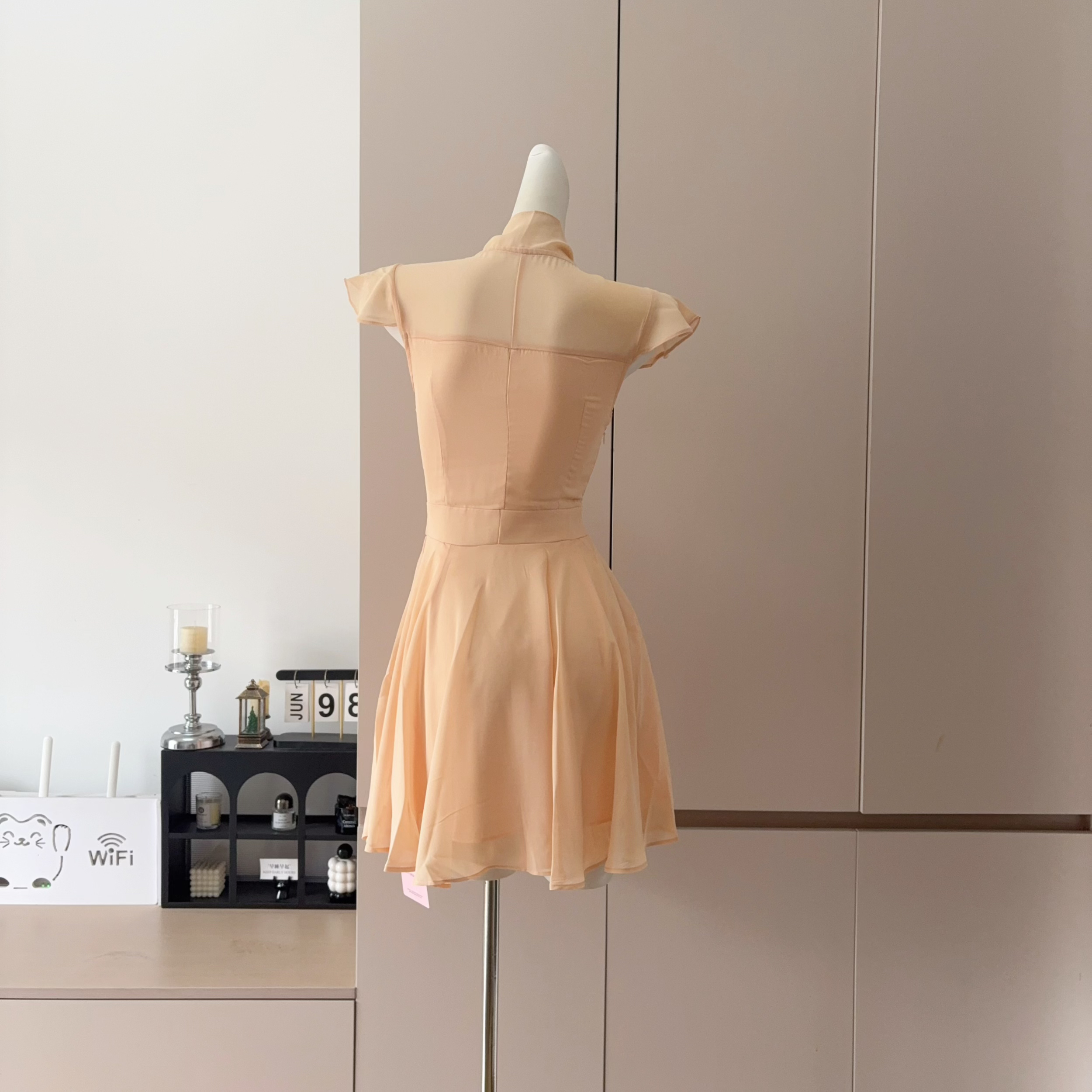 French Apricot Bow Flutter Sleeve Dress Women Summer Waist A-Line Gentle Temperament Slimming Short Dress - Image 5