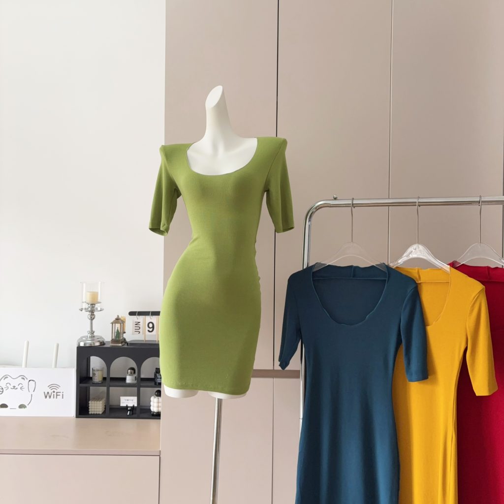 Square Neck Ruched Bodycon Short Sleeve Dress for Women Summer Slim Fit