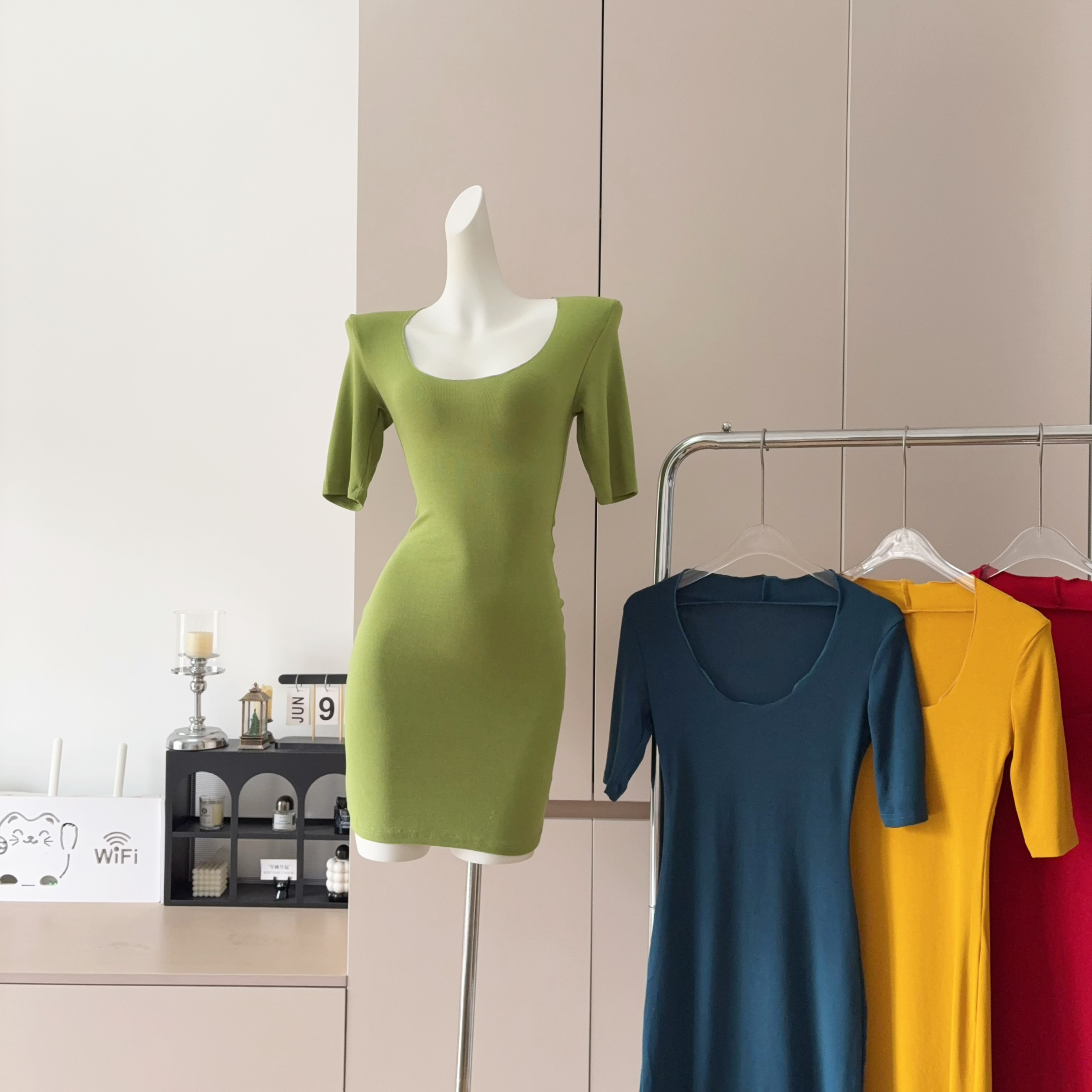 Square Neck Ruched Bodycon Short Sleeve Dress for Women Summer Slim Fit