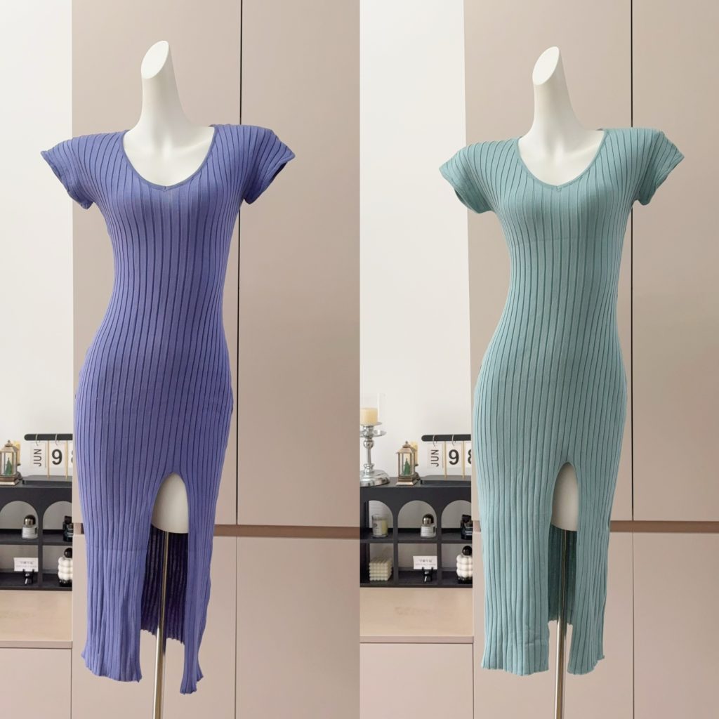 French Pure Desire V-Neck Flutter Sleeve Knit Dress Women Slim Waist Hip-Hugging Sexy Slit Midi Dress