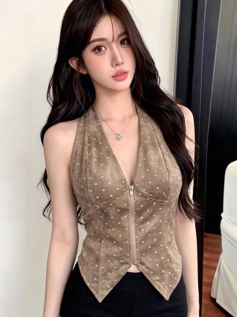 Women's Polka Dot V-Neck Zip Waist Camisole Top
