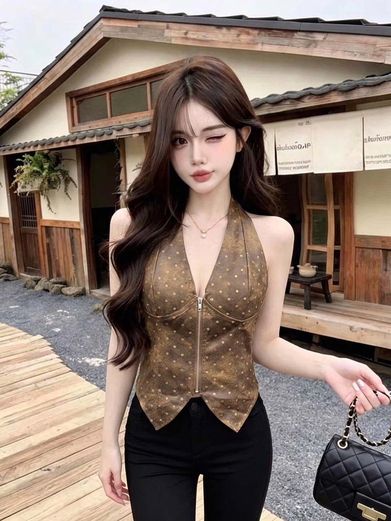 Women's Polka Dot V-Neck Zip Waist Camisole Top - Image 3